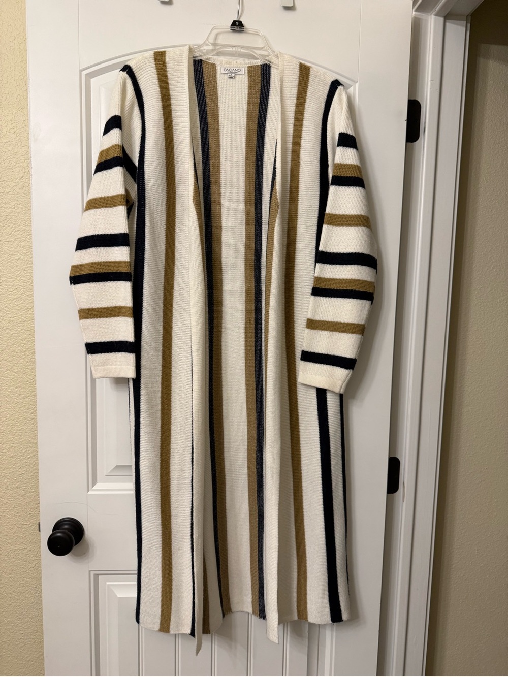 Braciano Striped Open Cardigan in Ivory, Camel & Black